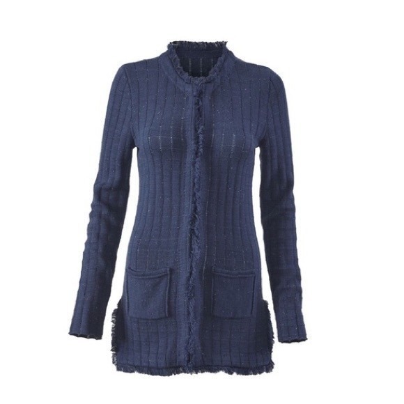 CAbi Sweaters - CAbi Duchess Speckled Navy Blue Size Medium Fringe Cardigan Longline Duster